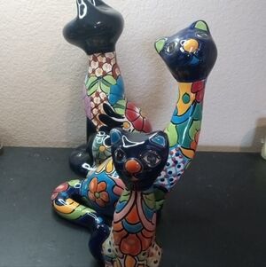 GORGEOUS Trio of Talavera Mexican Folk Art Cat Figurines.